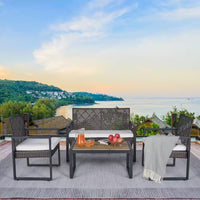 4-Piece Wicker Patio Conversation Set with Cushion, Outdoor Patio Furniture Set with Wood Table Top-Grey Cushions