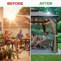 12'X10' Hardtop Gazebo, Aluminum Permanent Pavilion with Polycarbonate Double Roof, Removable Curtains & Mosquito Netting for Patio, Garden, Lawn, Upgrade Your Outdoors (Brown, 12'X10') — Before & After