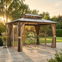 12'X10' Hardtop Gazebo, Aluminum Permanent Pavilion with Polycarbonate Double Roof, Removable Curtains & Mosquito Netting for Patio, Garden, Lawn, Upgrade Your Outdoors (Brown, 12'X10') — Studio Shot