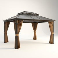 12'X10' Hardtop Gazebo, Aluminum Permanent Pavilion with Polycarbonate Double Roof, Removable Curtains & Mosquito Netting for Patio, Garden, Lawn, Upgrade Your Outdoors (Brown, 12'X10') — Studio Shot