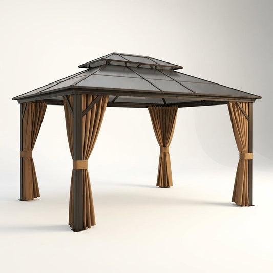12'X10' Hardtop Gazebo, Aluminum Permanent Pavilion with Polycarbonate Double Roof, Removable Curtains & Mosquito Netting for Patio, Garden, Lawn, Upgrade Your Outdoors (Brown, 12'X10') — Studio Shot