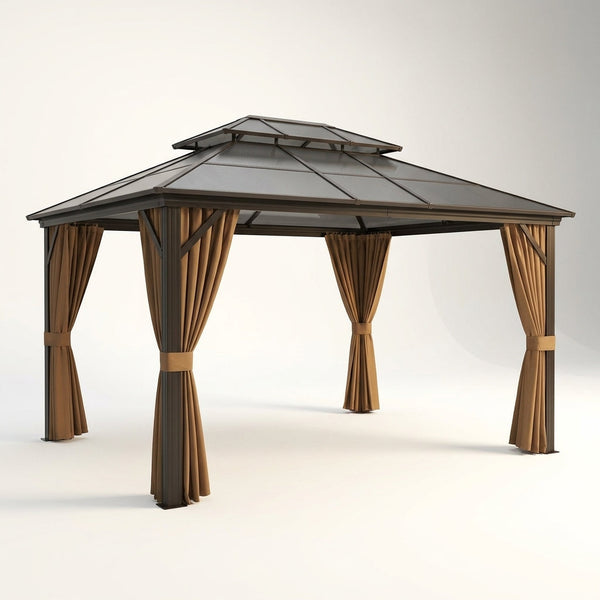 12'X10' Hardtop Gazebo, Aluminum Permanent Pavilion with Polycarbonate Double Roof, Removable Curtains & Mosquito Netting for Patio, Garden, Lawn, Upgrade Your Outdoors (Brown, 12'X10') — Studio Shot