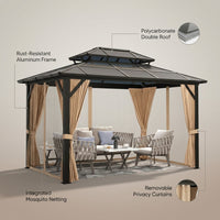 12'X10' Hardtop Gazebo, Aluminum Permanent Pavilion with Polycarbonate Double Roof, Removable Curtains & Mosquito Netting for Patio, Garden, Lawn, Upgrade Your Outdoors (Brown, 12'X10') — infographic