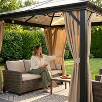 12'X10' Hardtop Gazebo, Aluminum Permanent Pavilion with Polycarbonate Double Roof, Removable Curtains & Mosquito Netting for Patio, Garden, Lawn, Upgrade Your Outdoors (Brown, 12'X10') — Lifestyle