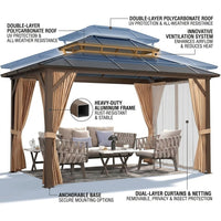 12'X10' Hardtop Gazebo, Aluminum Permanent Pavilion with Polycarbonate Double Roof, Removable Curtains & Mosquito Netting for Patio, Garden, Lawn, Upgrade Your Outdoors (Brown, 12'X10') — How It Works