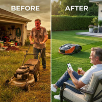 28-Volt 8 In. Cutting Width Robot Lawn Mower Revola X4E Mower, Brushless Wheel Motors, Cloudhawk App and Wifi Control — Before & After