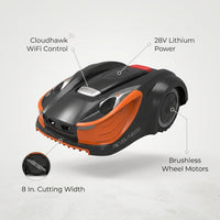 28-Volt 8 In. Cutting Width Robot Lawn Mower Revola X4E Mower, Brushless Wheel Motors, Cloudhawk App and Wifi Control — infographic