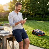 28-Volt 8 In. Cutting Width Robot Lawn Mower Revola X4E Mower, Brushless Wheel Motors, Cloudhawk App and Wifi Control — Lifestyle