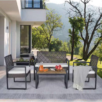 4-Piece Wicker Patio Conversation Set with Cushion, Outdoor Patio Furniture Set with Wood Table Top-Grey Cushions