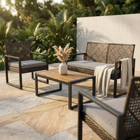4-Piece Wicker Patio Conversation Set with Cushion, Outdoor Patio Furniture Set with Wood Table Top-Grey Cushions — Studio Shot