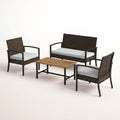 Outdoor Patio Conversation Set Designed for All-Weather Comfort, Acacia Wood Top, Wicker Frame, Grey Cushions