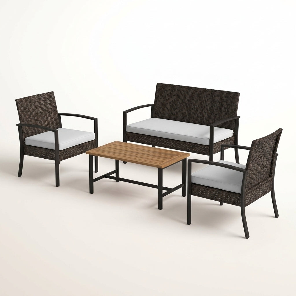 4-Piece Wicker Patio Conversation Set with Cushion, Outdoor Patio Furniture Set with Wood Table Top-Grey Cushions — Studio Shot