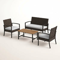 4-Piece Wicker Patio Conversation Set with Cushion, Outdoor Patio Furniture Set with Wood Table Top-Grey Cushions — Studio Shot