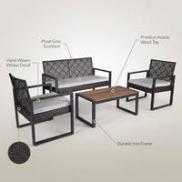 4-Piece Wicker Patio Conversation Set with Cushion, Outdoor Patio Furniture Set with Wood Table Top-Grey Cushions — infographic