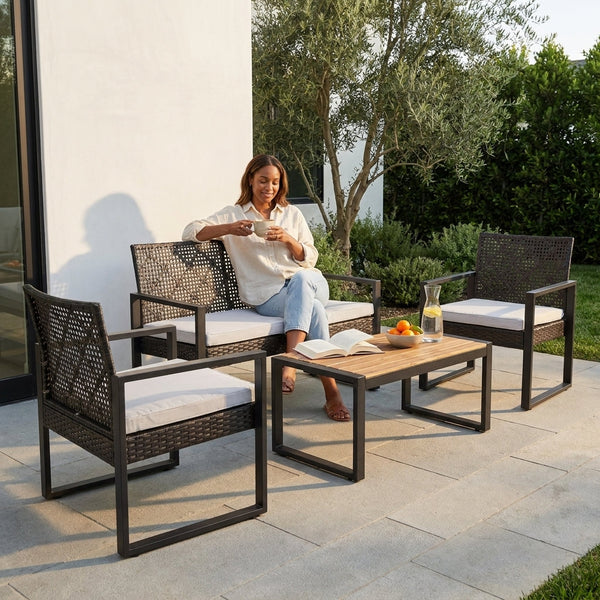 Outdoor Patio Conversation Set Designed for All-Weather Comfort, Acacia Wood Top, Wicker Frame, Grey Cushions