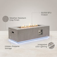 42 In. 50,000 BTU Rectangle Fire Pit Table in Gray Outdoor Propane Gas Fire Pit Table with LED Light — infographic
