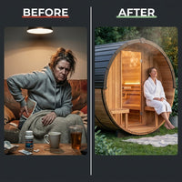 Backyard Discovery Paxton 4-6 Person Traditional Cedar Outdoor Barrel Sauna with Electric Sauna Heater, Front Porch, Sauna Rocks, Dry Heat, Steam Sauna, LED Lights, Wi-Fi Panel, Sauna Accessories — Before & After