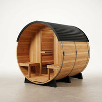 Backyard Discovery Paxton 4-6 Person Traditional Cedar Outdoor Barrel Sauna with Electric Sauna Heater, Front Porch, Sauna Rocks, Dry Heat, Steam Sauna, LED Lights, Wi-Fi Panel, Sauna Accessories — Studio Shot