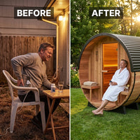Outdoor Barrel Sauna Built for Home Heat Therapy, 4-6 Person Cedar, 9kW Electric Heater, WiFi Control Panel — Before & After