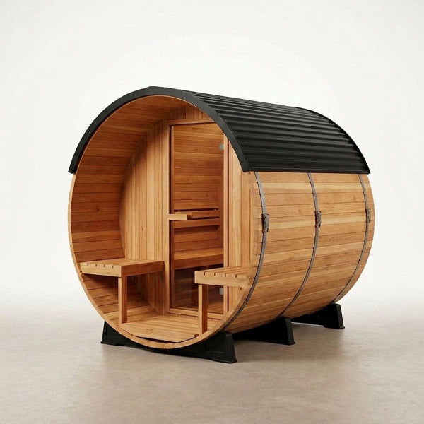 Outdoor Barrel Sauna Built for Home Heat Therapy, 4-6 Person Cedar, 9kW Electric Heater, WiFi Control Panel — Studio Shot