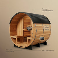 Outdoor Barrel Sauna Built for Home Heat Therapy, 4-6 Person Cedar, 9kW Electric Heater, WiFi Control Panel — infographic