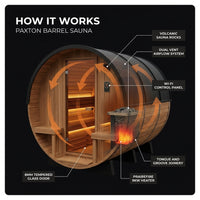 Outdoor Barrel Sauna Built for Home Heat Therapy, 4-6 Person Cedar, 9kW Electric Heater, WiFi Control Panel — How It Works