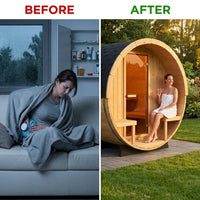 Outdoor Indoor Finland Pine Wet Dry Barrel Sauna 3-5 Person Front Porch Canopy 4.5 Kw ETL Certified Bitumen Shingle Roof — Before & After