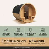 Outdoor Indoor Finland Pine Wet Dry Barrel Sauna 3-5 Person Front Porch Canopy 4.5 Kw ETL Certified Bitumen Shingle Roof — Results & Stats