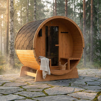 Outdoor Indoor Finland Pine Wet Dry Barrel Sauna 3-5 Person Front Porch Canopy 4.5 Kw ETL Certified Bitumen Shingle Roof — Studio Shot