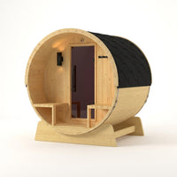 Outdoor Indoor Finland Pine Wet Dry Barrel Sauna 3-5 Person Front Porch Canopy 4.5 Kw ETL Certified Bitumen Shingle Roof — Studio Shot