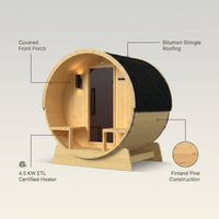 Outdoor Indoor Finland Pine Wet Dry Barrel Sauna 3-5 Person Front Porch Canopy 4.5 Kw ETL Certified Bitumen Shingle Roof — infographic