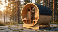 Outdoor Indoor Finland Pine Wet Dry Barrel Sauna 3-5 Person Front Porch Canopy 4.5 Kw ETL Certified Bitumen Shingle Roof — Lifestyle