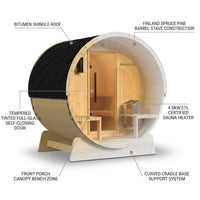 Outdoor Indoor Finland Pine Wet Dry Barrel Sauna 3-5 Person Front Porch Canopy 4.5 Kw ETL Certified Bitumen Shingle Roof — How It Works