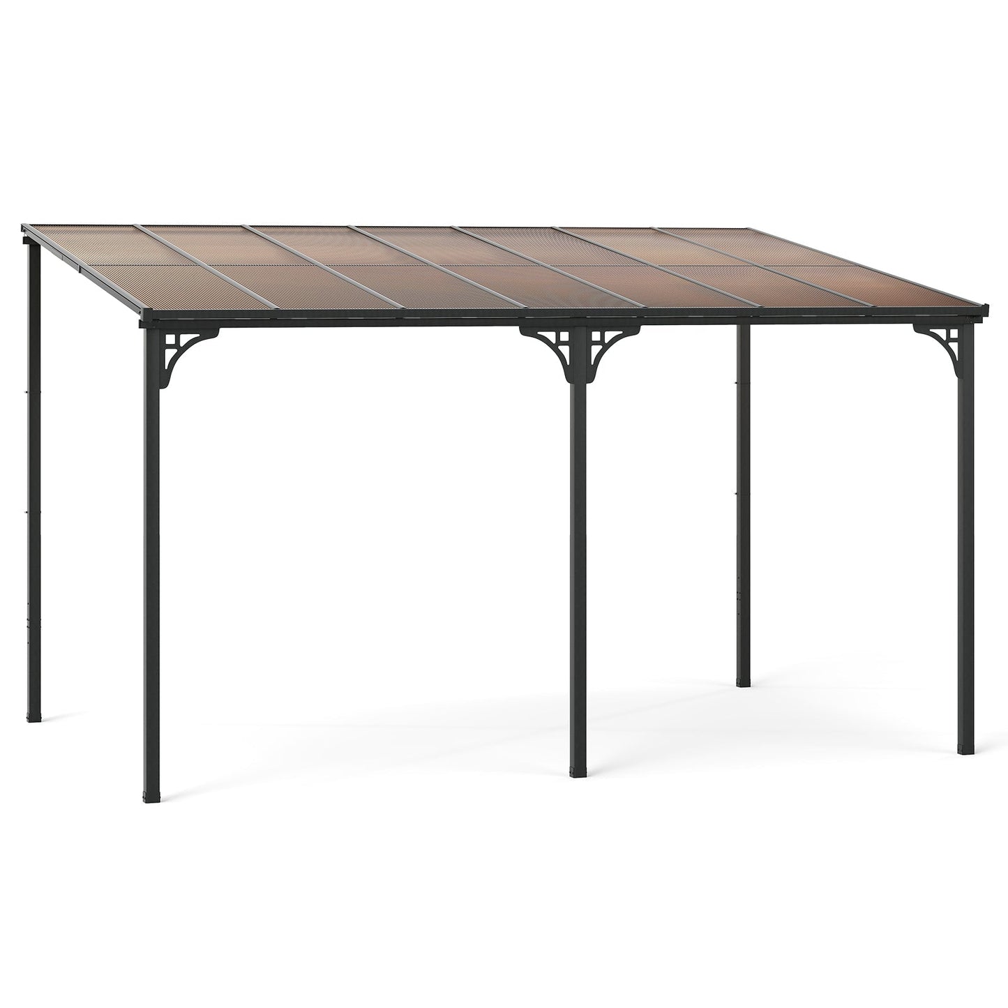 Wall-Mounted Patio Gazebo Large Outdoor Hardtop Pergola with Sloped Polycarbonate Roof-Black