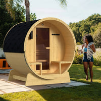 Barrel Sauna Built for Home Wellness, Finland Pine Construction, 4.5kW ETL Certified Heater, Bitumen Shingle Roof