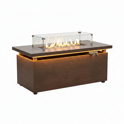 51 In. Retangular Fire Pit Table with Metal Table Top Outdoor Fire Pit Table in Brown Wood Grain